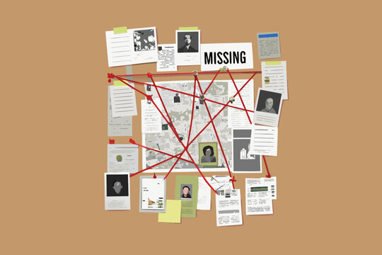 detective investigation board with photos and red string connections