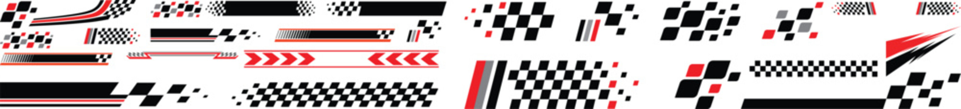 racing stripe vector set, race car vector, checkered flag designs, racing stripe speed, decal patterns, dynamic lines, competition, automotive graphics, black and white finish line motorsport