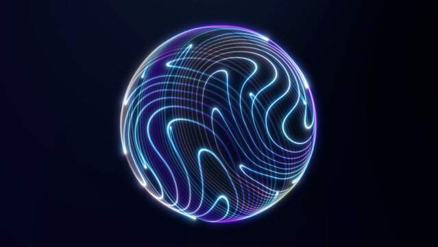 Futuristic cyan glowing sphere with flowing contour lines and dotted digital surface on dark blue background. Abstract AI data globe for technology, science visualization, cyber systems