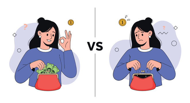 Young woman comparing a full wallet of money to an empty one to illustrate financial success versus poverty and budget struggles.