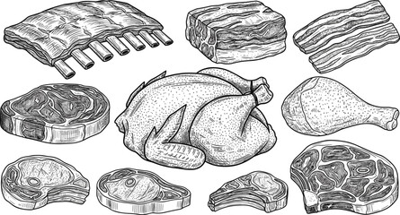 Vintage butcher shop sketch collection featuring hand drawn vector engravings of raw beef steaks pork ribs bacon whole chicken and meat cuts isolated on transparent background © ALINA