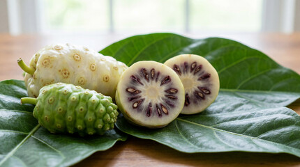 Fresh Noni fruit display with ripe, unripe, and sliced pieces on green leaves. A healthy tropical superfood rich in benefits