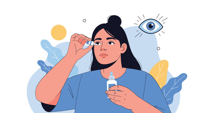 Young woman carefully applying lubricating eye drops to treat dry eye symptoms while holding the bottle in her other hand.