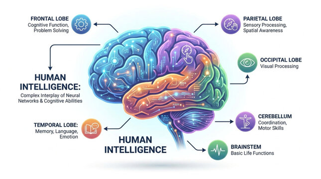 Human Brain Anatomy and Functions Illustration.