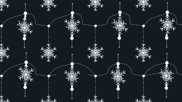 Seamless winter pattern with white decorative snowflakes and festive dots hanging on lines against dark blue background.