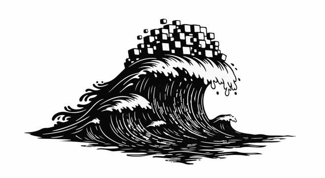 Abstract wave crests with a pile of cubes, symbolizing data or information overload.