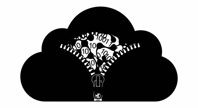 Digital data streams pour from an open zipper on a black cloud illustration
