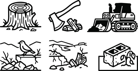 Set of black and white construction and nature icons © One More