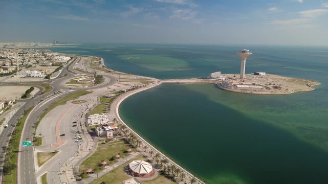 Drone Shot of Al Khobar Coastline and Water Tower Landmark