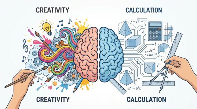 Human brain split into creative and calculation halves with associated imagery.