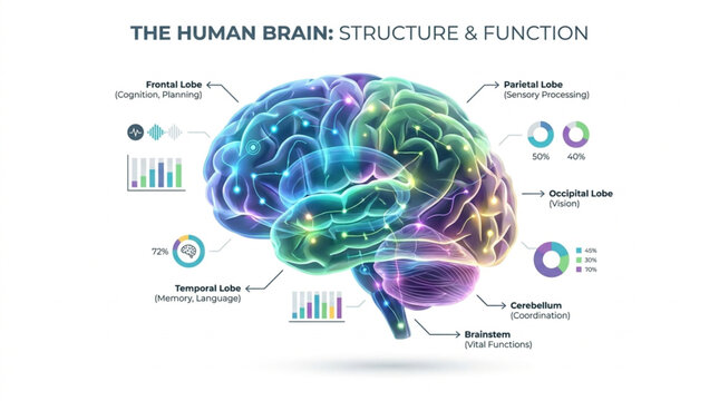 Human Brain Structure and Function Detailed Illustration.