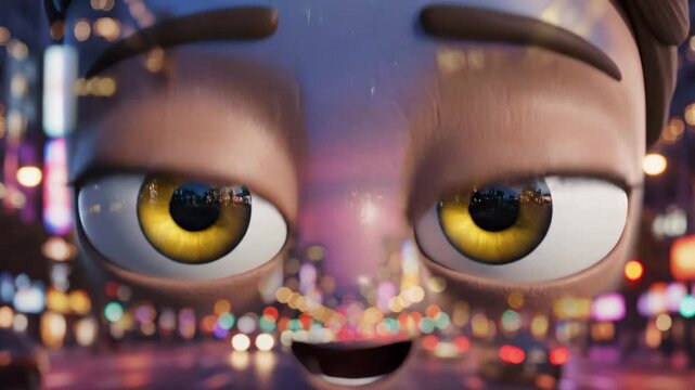 Intense wide-angle perspective captures a character's expressive glowing eyes reflecting a vibrant, blurred cityscape at twilight, suggesting a moment of deep thought or cinematic wonder