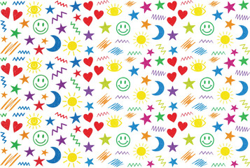 Obraz premium Seamless pattern background with colorful hand drawn doodles of smiley faces stars hearts suns and moons