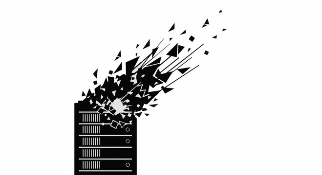 Digital data server exploding into fragmented pieces, symbolizing data loss and system failure