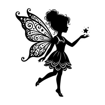 Beautiful cute little fairy girl silhouette with magic star and ornate wings vector illustration