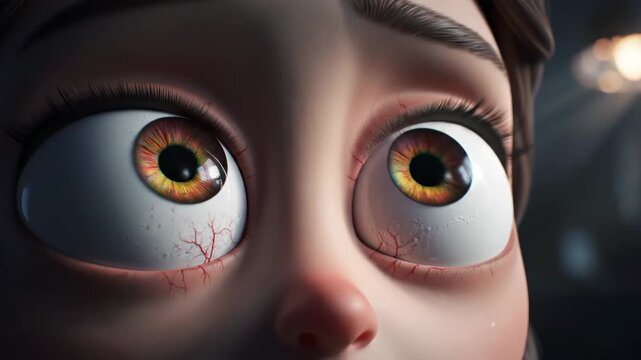 Astonishment floods this animated character's wide, expressive eyes revealing a moment of sheer bewilderment and surprise, captured with cinematic depth and emotional resonance