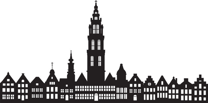 European city skyline silhouette with historic buildings and tall belfry tower in solid style