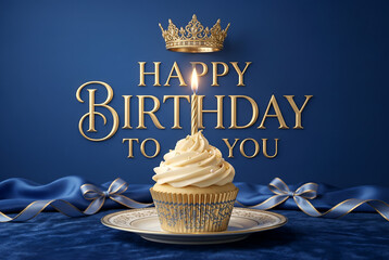 Elegant birthday cupcake, lit candle, gold crown, rich blue velvet, luxurious royal theme, festive