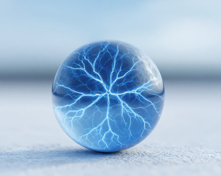 Artificial intelligence concept with large blue sphere showing electric lightning inside representing language and llm power