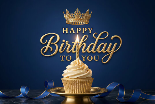 Elegant birthday cupcake, glowing candle, ornate crown, gold text, festive royal celebration, blue backdrop