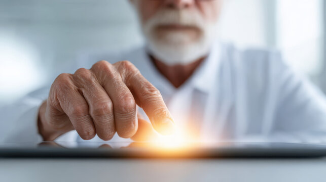 Elderly man uses large tablet with artificial intelligence technology glowing on screen showing language processing in modern LLM system