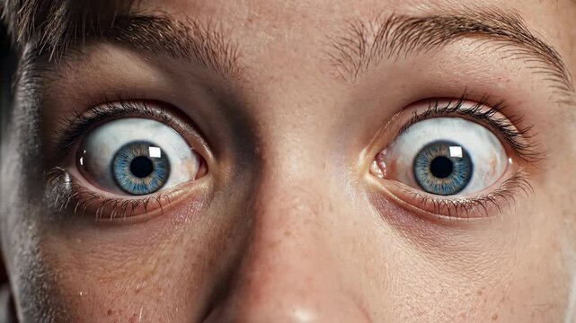 Remarkable extreme-wide eye expression captivates attention showing intense surprise or bewilderment in a captivating portrait conveying raw emotion with visible iris detail and delicate