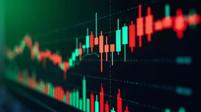 Close-up of a digital candlestick chart displaying fluctuating stock prices. Perfect for illustrating finance, trading, investment, and market analysis concepts.