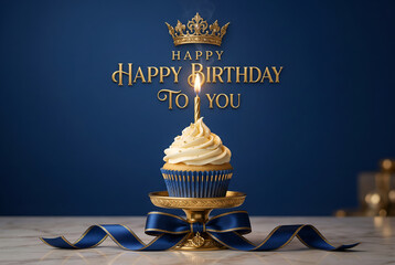 Luxurious birthday cupcake, lit candle, golden crown, rich blue background, royal celebration theme
