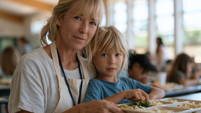 Lunchroom aide at summer school program encouraging picky-eating child to try new vegetable from lunch tray, patient encouraging expression, cafeteria busy behind them with other children eating, Ju
