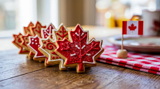 Maple leaf frosted cookies on wooden table