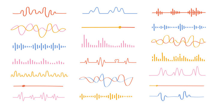 Vibrant audio visualizer collection with colorful sound waves and music signal elements for podcast covers and streaming apps