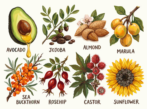Eight botanical plant oil ingredients for skincare, hand painted gouache illustration on white background