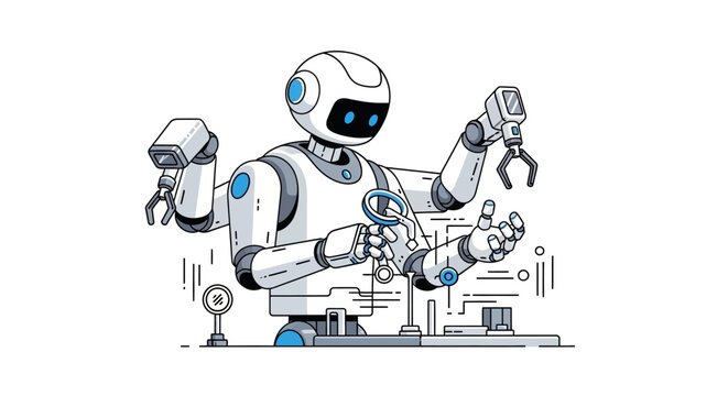A robot is working on a machine with tools in its hands in a workshop.