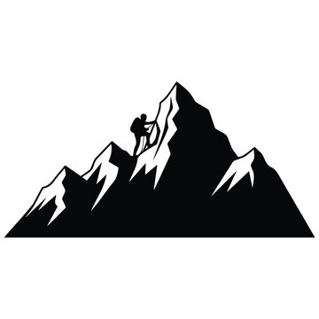 Black silhouette illustration of a mountaineer climbing a steep mountain peak vector art.