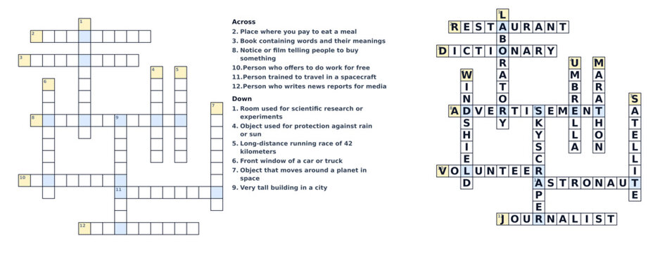 Criss Cross Word Puzzle Template with Text Clues and Completed Grid for English Language Learners