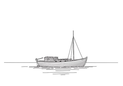 Line drawing of a small boat on water with mast and simple design