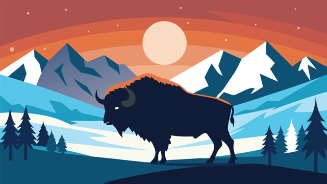 Bison standing on a hill with mountains and trees at sunset
