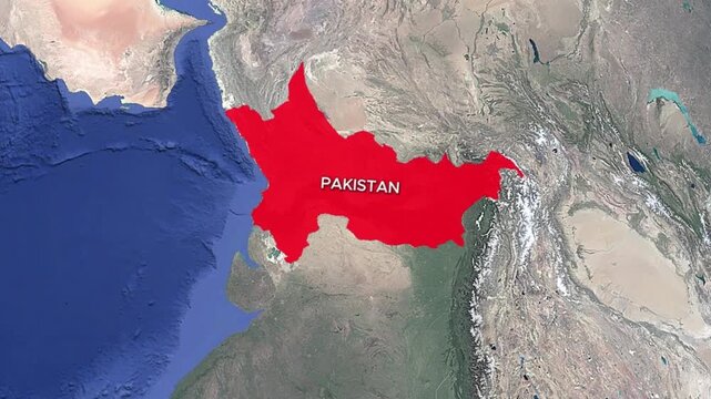 Pakistan Country Map Highlighted in Red on 3D Globe Satellite View Zoom In Animation