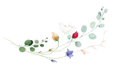 Watercolor orange rose bud, blue bell flowers, green, turquoise eucalyptus branches, pink leaves. Floral curved border bouquet arrangement. Hand drawn style illustration. Artistic template design. © satika