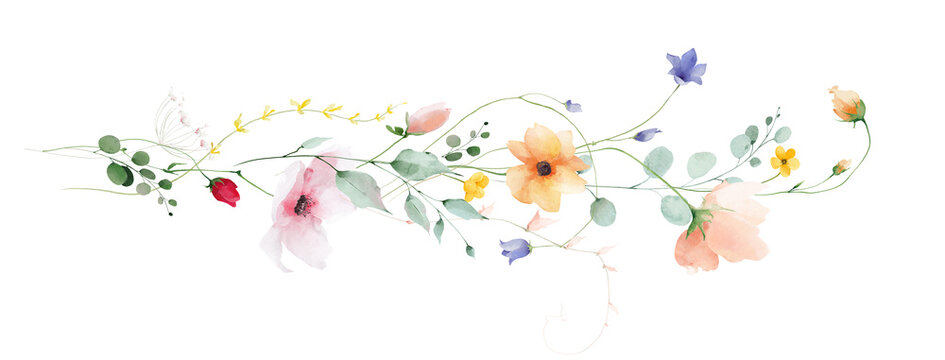 Watercolor pink, orange poppy, blue bell flowers, green, turquoise eucalyptus branches, leaves. Floral border bouquet arrangement. Hand drawn style illustration. Artistic template design.