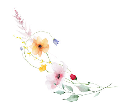 Watercolor floral border bouquet. Pink, orange poppy, yellow buttercup, blue bell flowers, green, turquoise branches, leaves, fern. Hand drawn style illustration. Artistic template design.