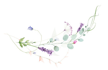 Fototapeta premium Watercolor floral curved border. Meadow blue, turquoise eucalyptus branches, violet lavender, pink flowers, green leaves. Hand drawn illustration. Artistic template design