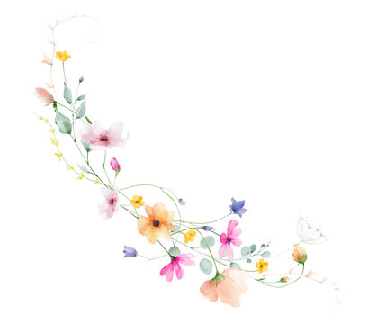 Watercolor floral border bouquet. Pink chamomiles, orange poppy, yellow buttercup, blue bell flower, turqouise eucalyptus branches, leaves. Hand drawn style illustration. Artistic template design.