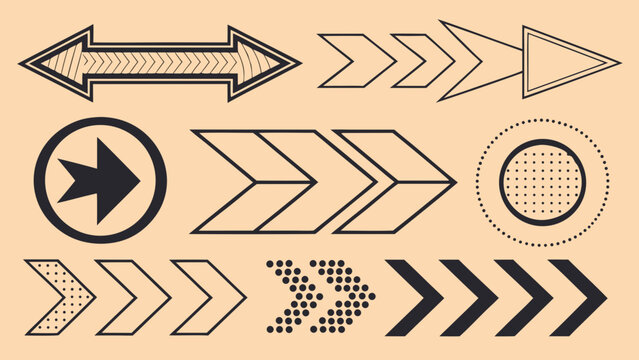 A variety of black and white arrows and shapes are arranged on a peach background.
