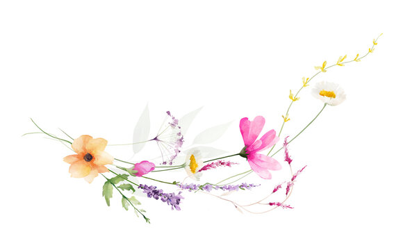 Watercolor floral semicircular border frame. Pink chamomiles, daisy, yellow, orange poppy, violet flowers. Green branches, leaves. Hand drawn style illustration. Artistic template design.