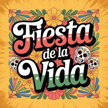 Fiesta de la Vida: A vibrant celebration of life, illustrated with bold typography and traditional Mexican folk art elements, featuring sugar skulls and colorful floral motifs.
