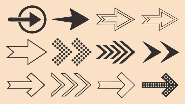 Various black and white arrow icons pointing right on a peach background.