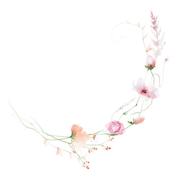 Watercolor floral semicircular border frame. Pink orange, poppy, peony, rose flowers, blush fern branches, peach leaves. Hand drawn style illustration. Artistic template design.