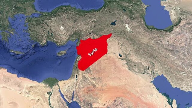 Syria Country Highlighted in Red on Satellite Map Zoom In Animation
