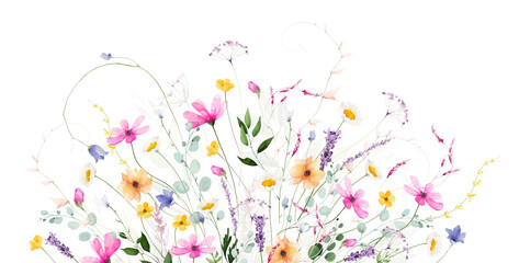 Watercolor floral semicircle border. Meadow violet, orange, pink, yellow, blue flowers, turquoise eucalyptus branches, green leaves, wild herbs. Hand drawn illustration. Artistic template design © satika